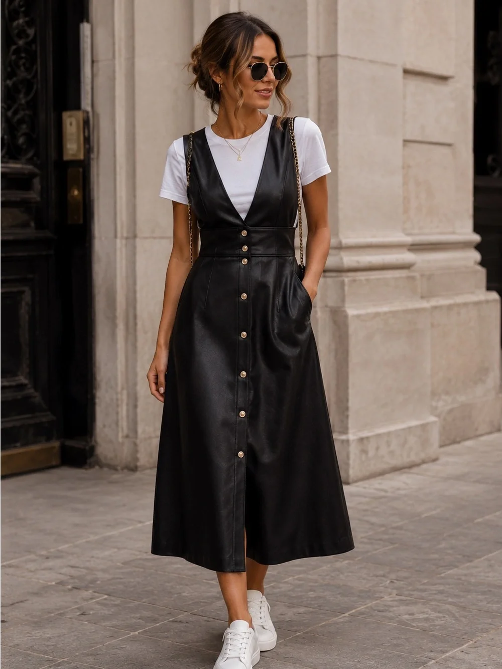 Zara Black Faux Leather Button-Front Midi Dress skirt